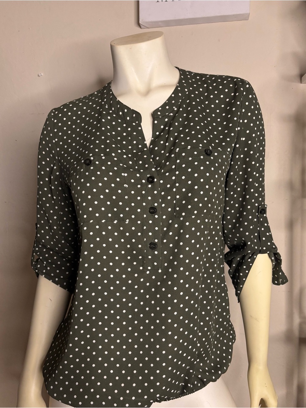 New York & Company Olive Green Polka Dot Roll-Tab Blouse